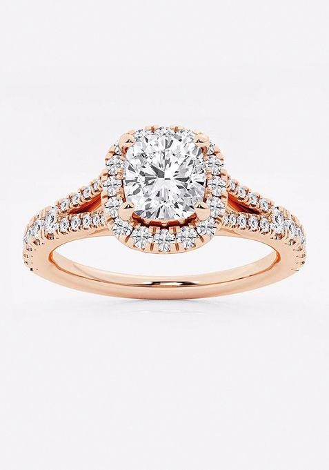 1 1/2 ctw Cushion Lab Grown Diamond Split Shank Halo Engagement Ring