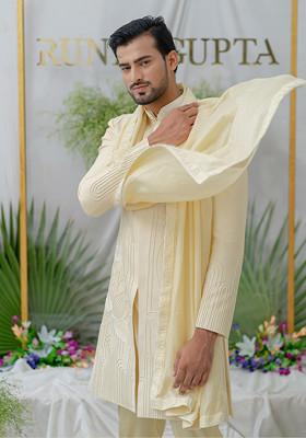 Cream Hand Embroidered Silk Stole For Men