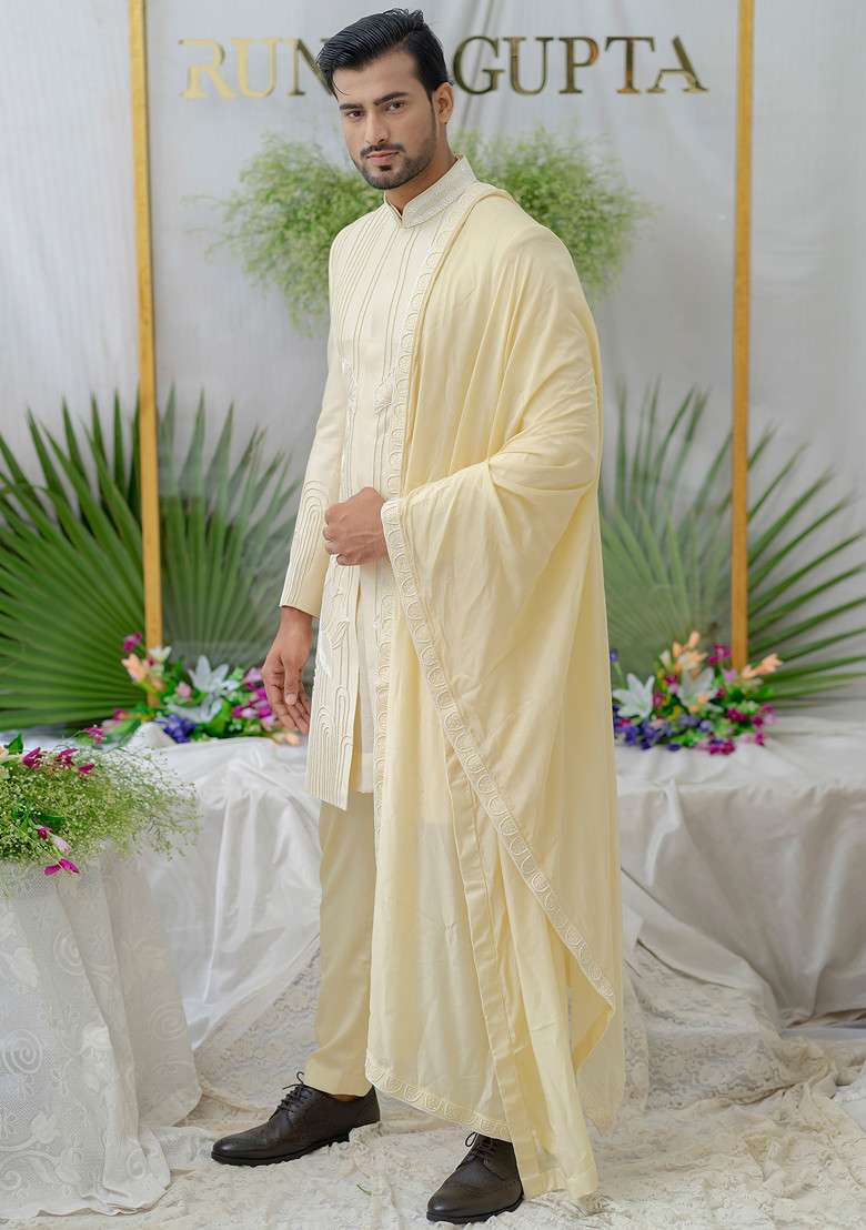 Cream Hand Embroidered Silk Blend Stole For Men - Indya