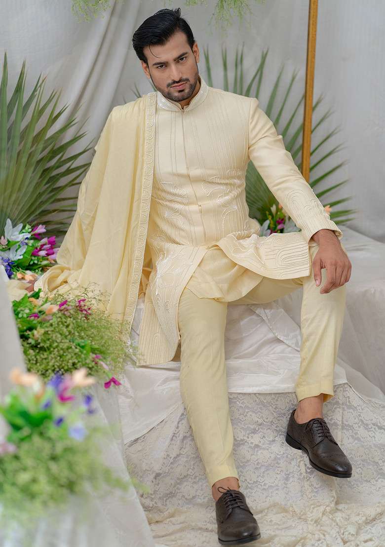 Cream Hand Embroidered Silk Blend Stole For Men - Indya
