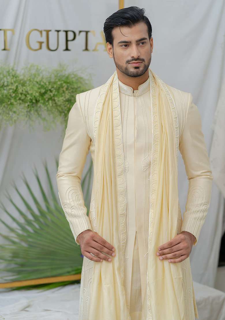 Cream Hand Embroidered Silk Blend Stole For Men - Indya