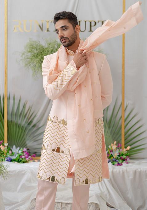 Pink Hand Embroidered Silk Stole For Men