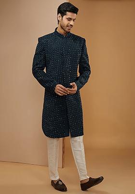 Teal Blue Cutdana Embroidered Sherwani Set For Men
