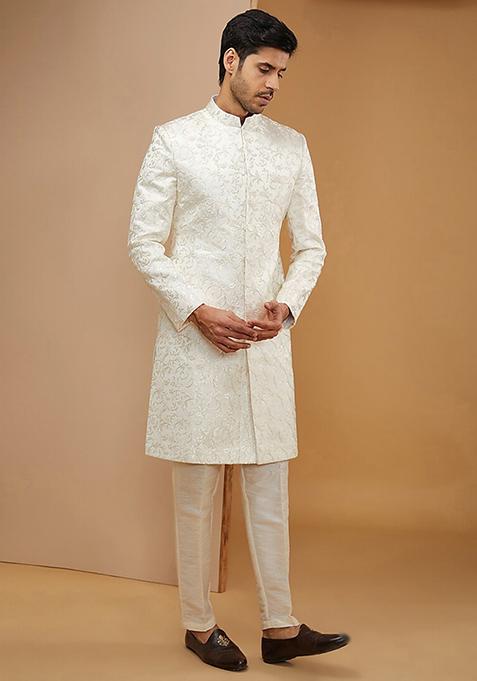 Off White Zari Embroidered Sherwani Set For Men