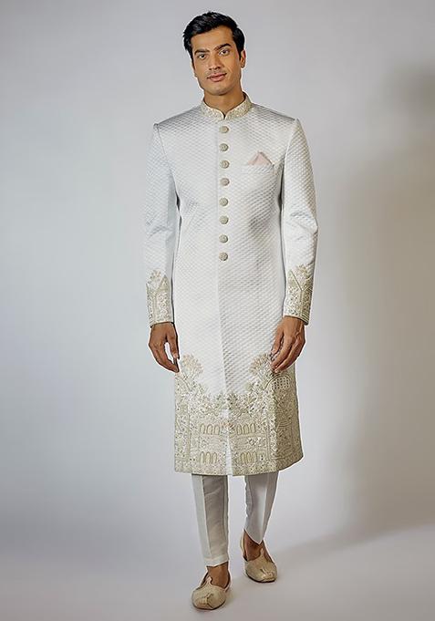 Off White Sequin Embroidered Sherwani Set For Men