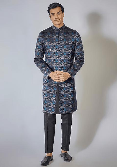 Blue Abstract Sequin Embroidered Sherwani Set For Men