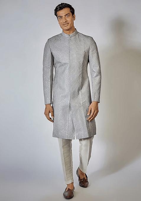 Grey Thread Embroidered Sherwani Set For Men
