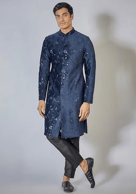 Royal Blue Sequin Embroidered Velvet Sherwani Set For Men