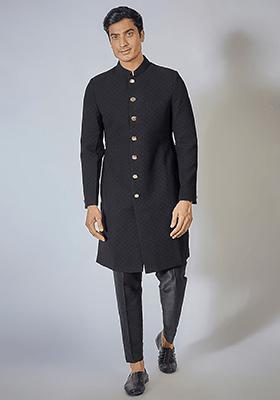 Black Self Embroidered Sherwani Set For Men