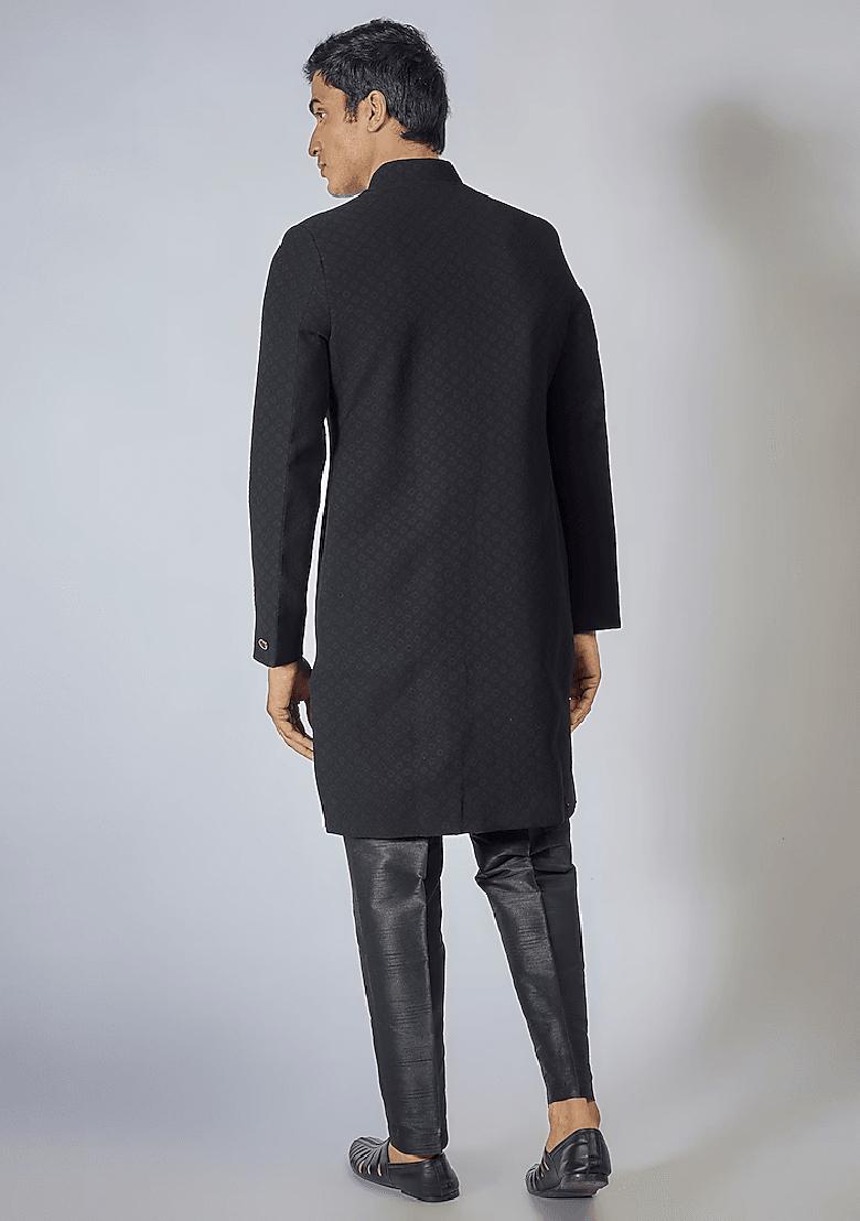 Black Self Embroidered Sherwani Set For Men