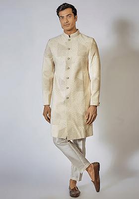 Off White Resham Sequin Embroidered Sherwani Set For Men
