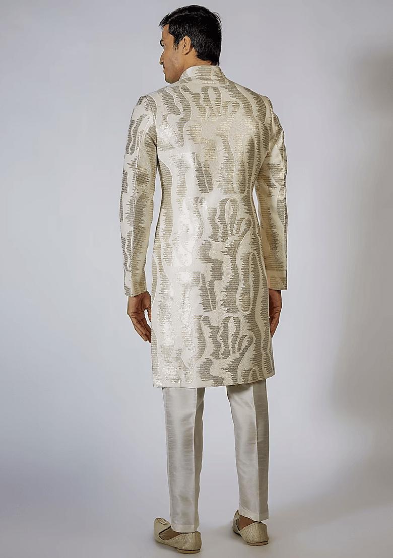 Off White Abstract Sequin Embroidered Sherwani Set For Men