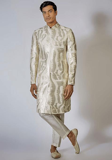 Off White Abstract Sequin Embroidered Sherwani Set For Men