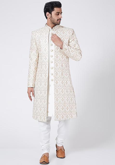 White Sequin Zari Embroidered Sherwani Set For Men