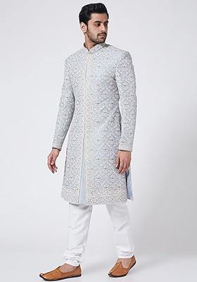 Light Blue Chikankari Zari Embroidered Sherwani Set For Men