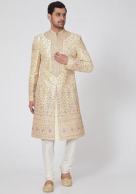 Beige Zardozi Thread Embroidered Sherwani Set For Men