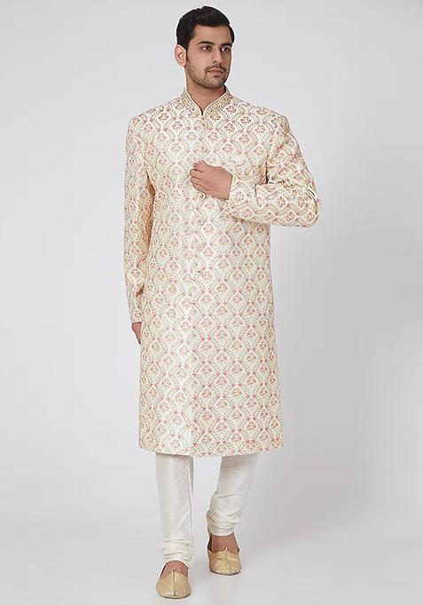 White Zari And Thread Embroidered Sherwani Set For Men
