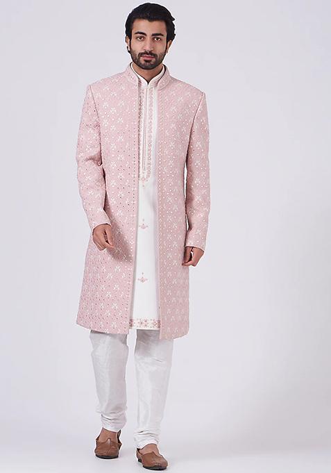 Old Rose Sequin Embroidered Bandhgala Jacket And Kurta Set For Men