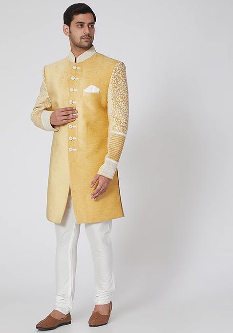Yellow Thread Embroidered Achkan Jacket Set For Men