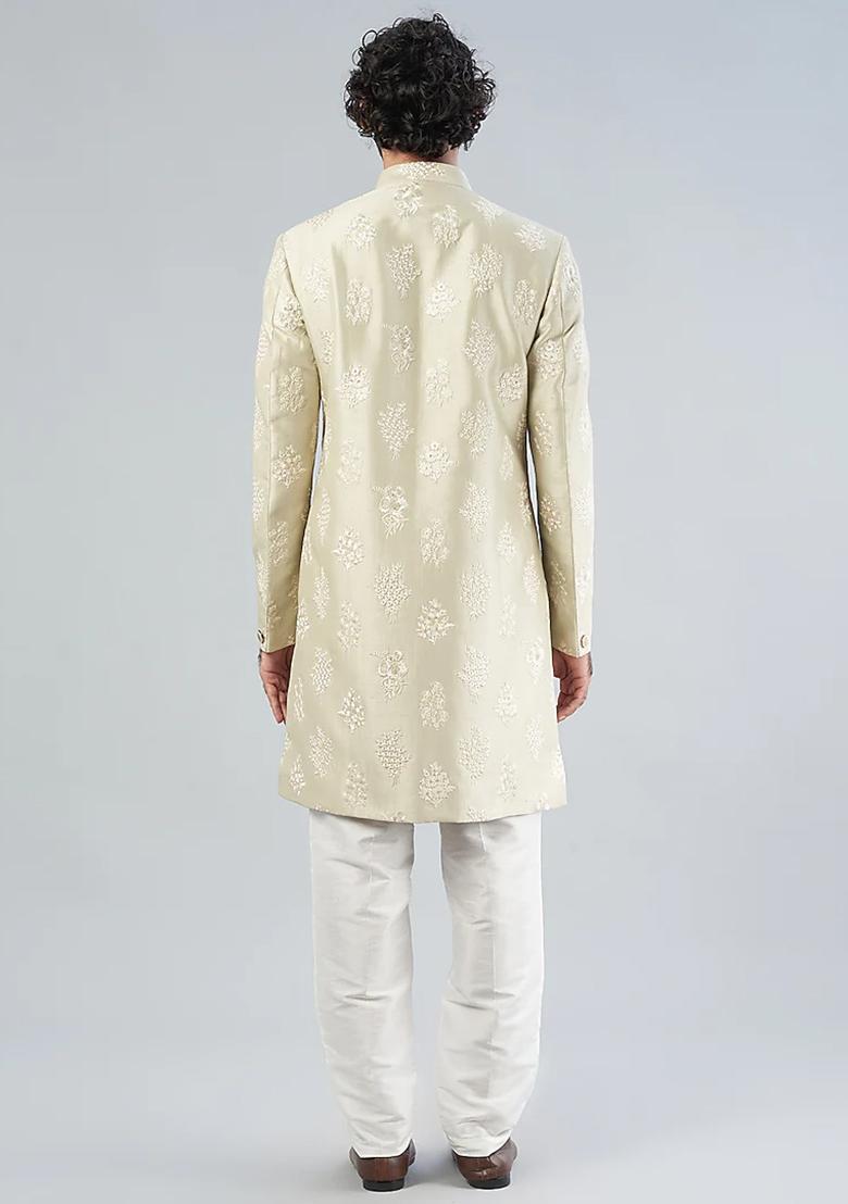 Sage Green Embroidered Achkan Set For Men