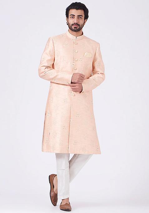 Salmon Pink Sequin Thread Embroidered Achkan Set For Men