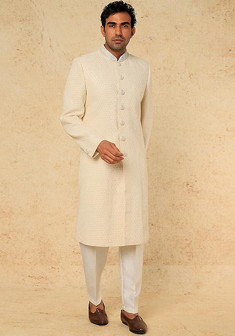 Off White Thread And Sequin Embroidered Sherwani Set For Men