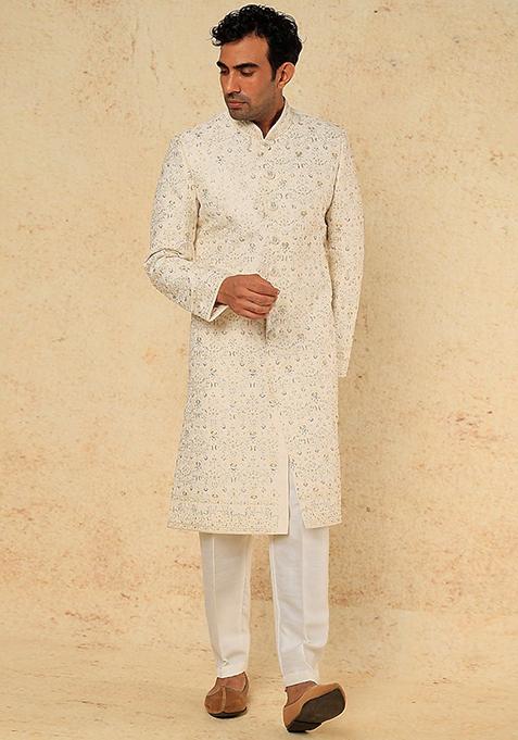 Off White Zari And Sequin Embroidered Sherwani Set For Men
