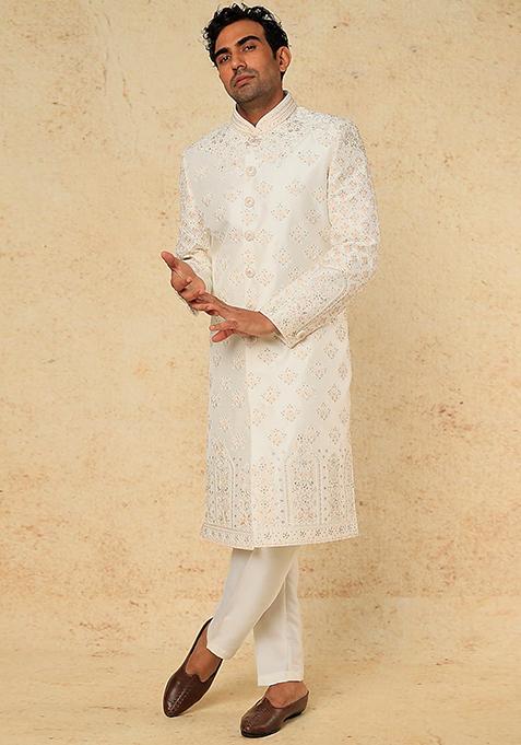 Off White And Peach Sequin Embroidered Sherwani Set For Men