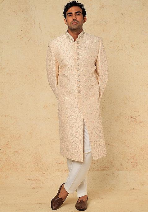 Pale Pink Zari Embroidered Sherwani Set For Men