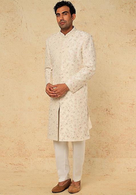 Off White Pearl And Thread Embroidered Sherwani Set For Men