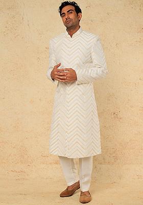 Off White Chevron Embroidered Sherwani Set For Men