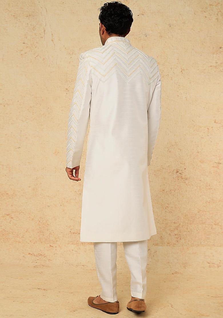 Off White Chevron Embroidered Sherwani Set For Men