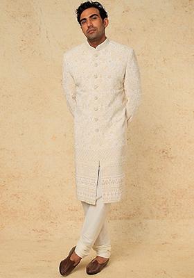 Off White Zardozi Embroidered Sherwani Set For Men