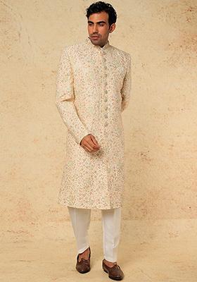 Cream Sequin Embroidered Sherwani Set For Men