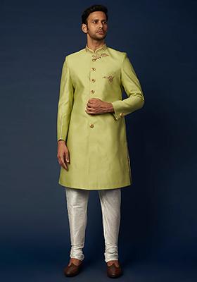 Parrot Green Zari Embroidered Achkan Set For Men