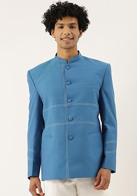 Blue Classic Cotton Bandhgala For Men