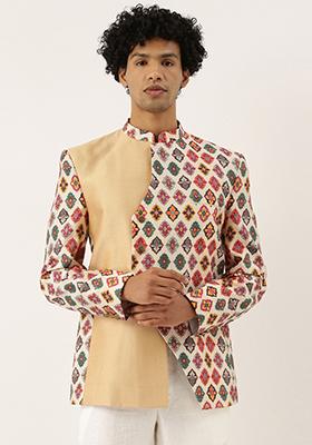 Beige Printed Bandhgala For Men