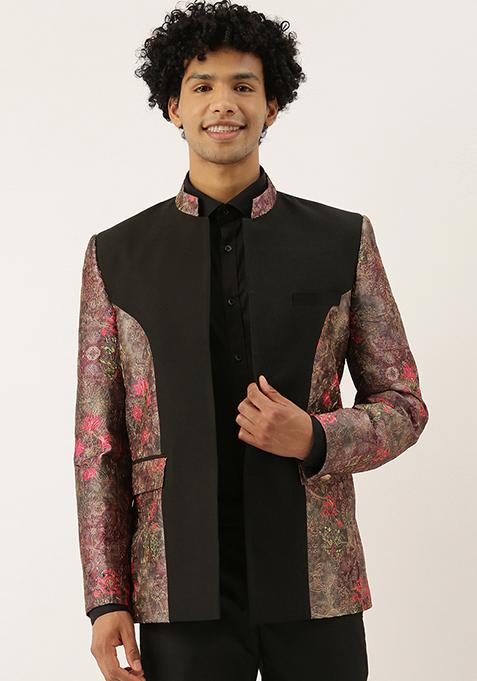 Black And Pink Floral Embroidered Open Jacket For Men