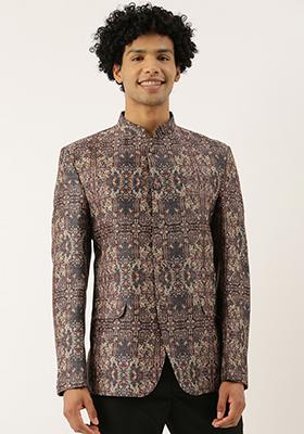Brown Printed Chanderi Bandhgala For Men