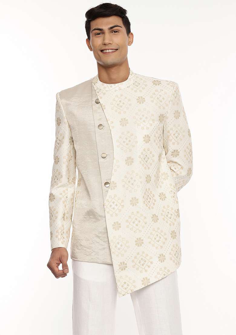 Ivory Embroidered Silk Blend Chanderi Bandhgala For Men - Indya