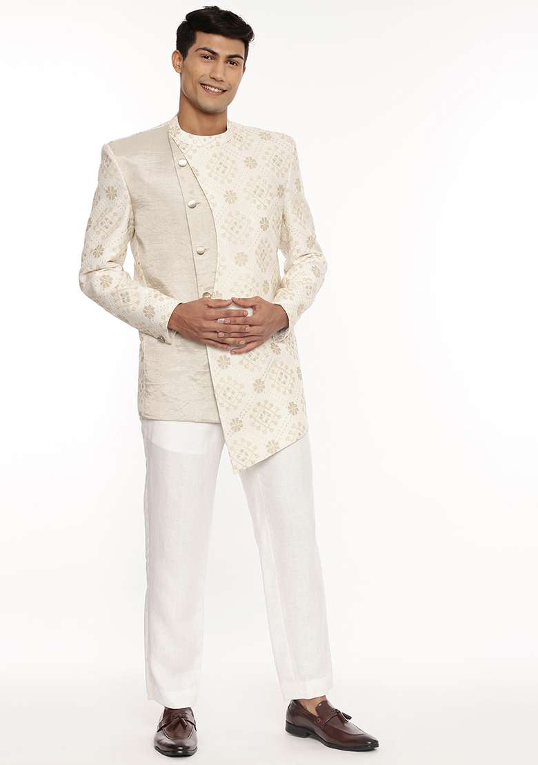 Ivory Embroidered Silk Blend Chanderi Bandhgala For Men - Indya