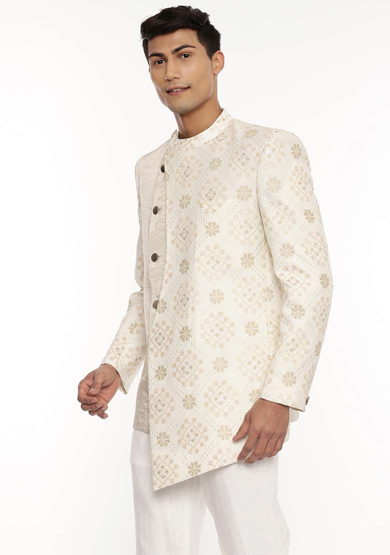 Ivory Embroidered Silk Blend Chanderi Bandhgala For Men - Indya