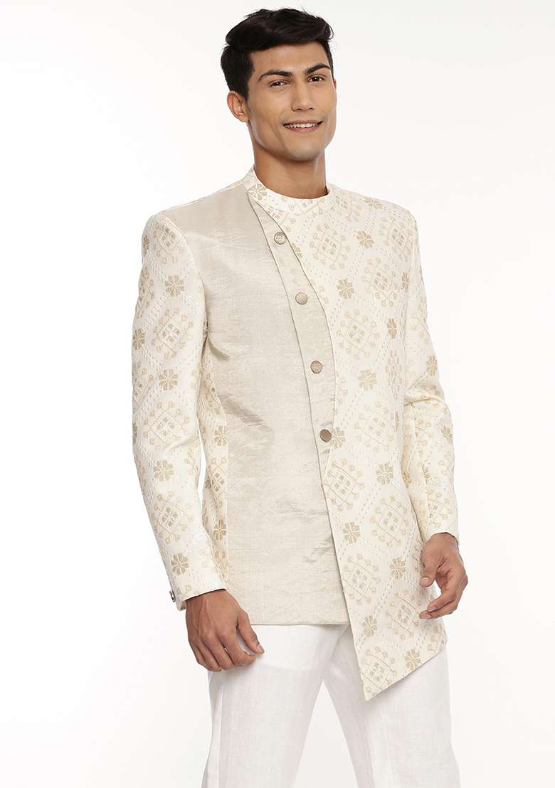 Ivory Embroidered Silk Blend Chanderi Bandhgala For Men - Indya