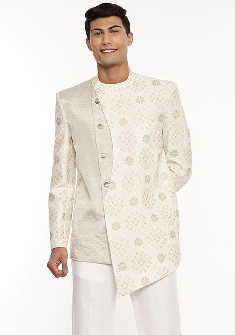 Ivory Embroidered Silk Chanderi Bandhgala For Men