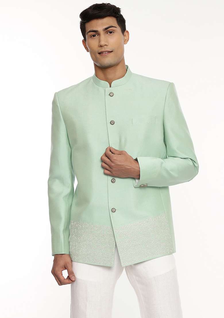 Green Embroidered Silk Blend Bandhgala For Men - Indya