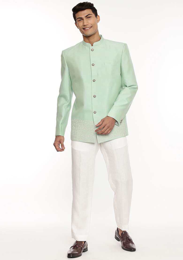 Green Embroidered Silk Blend Bandhgala For Men - Indya