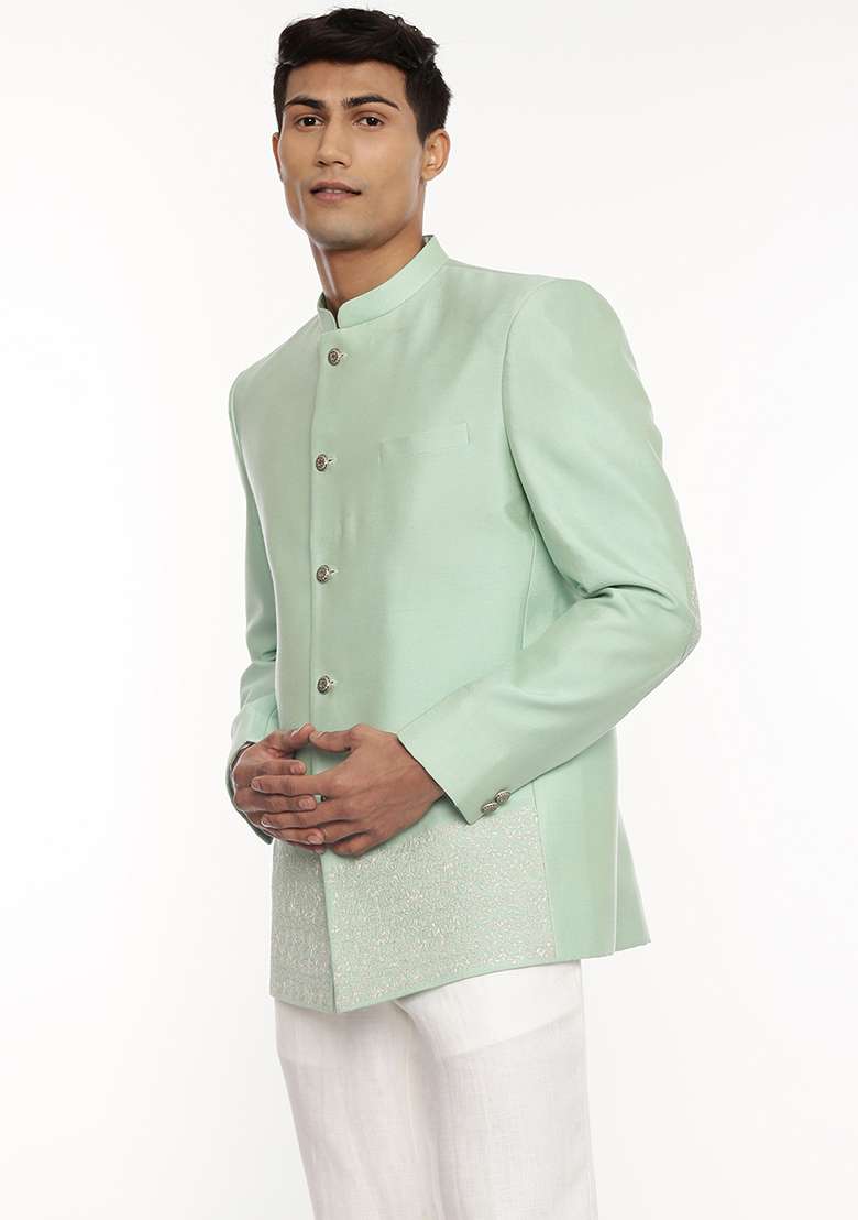 Green Embroidered Silk Blend Bandhgala For Men - Indya