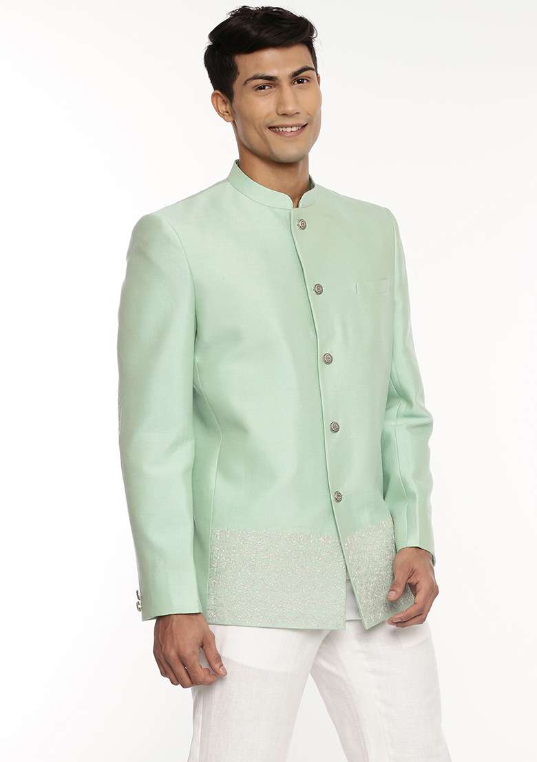 Green Embroidered Silk Blend Bandhgala For Men - Indya