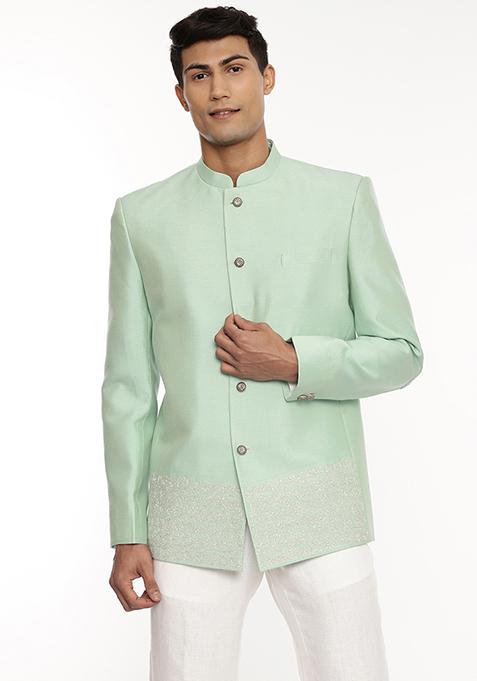 Green Embroidered Silk Bandhgala For Men