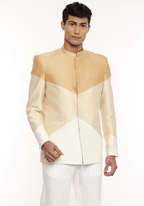 Ivory And Beige Colourblock Bandhgala For Men